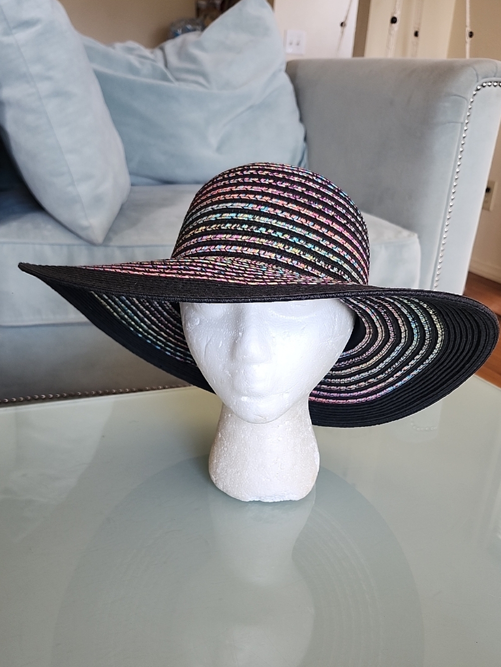 INC Wide-Brim Black Straw Sun Hat with Multicolor Stripes One Size Boho Chic